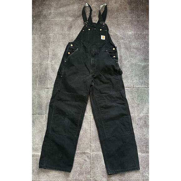 Men's Vintage Carhartt USA Black Double Knee Front Duck Bib Overalls Sz 38 X 32 - Picture 1 of 5